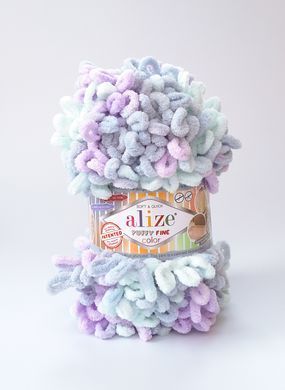 Пряжа Alize Puffy Fine Color/Алізе Пуффі Файн Колор, бузковий-сіро блакитний-ментоловий 6466