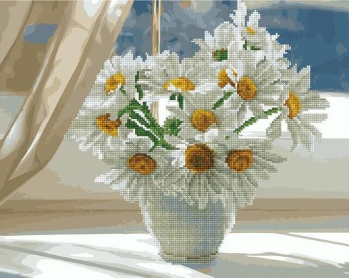 Алмазна картина-розмальовка "Ромашки в білій вазі на вікні" "BrushMe 3D ефект подарункова коробка 40x50 cм GZS1174 в інтернет-магазині "Я - Picasso"