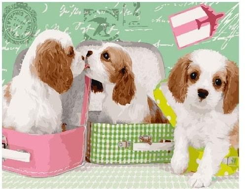 Картина по номерам - Милые щеночки в чемоданах 40x50 см в интернет-магазине "Я - Picasso"