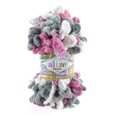 Пряжа Alize Puffy Color/Ализе Пуффи Колор, серый-сиреневый-белый 6070